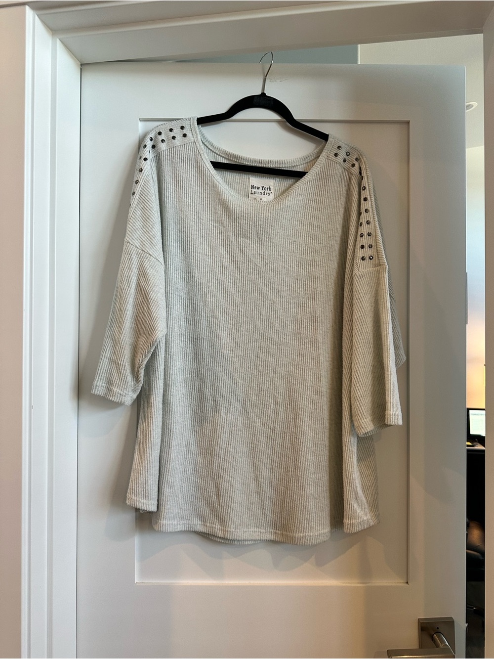 New York Laundry Ivory Stud-Shoulder Ribbed Pullover